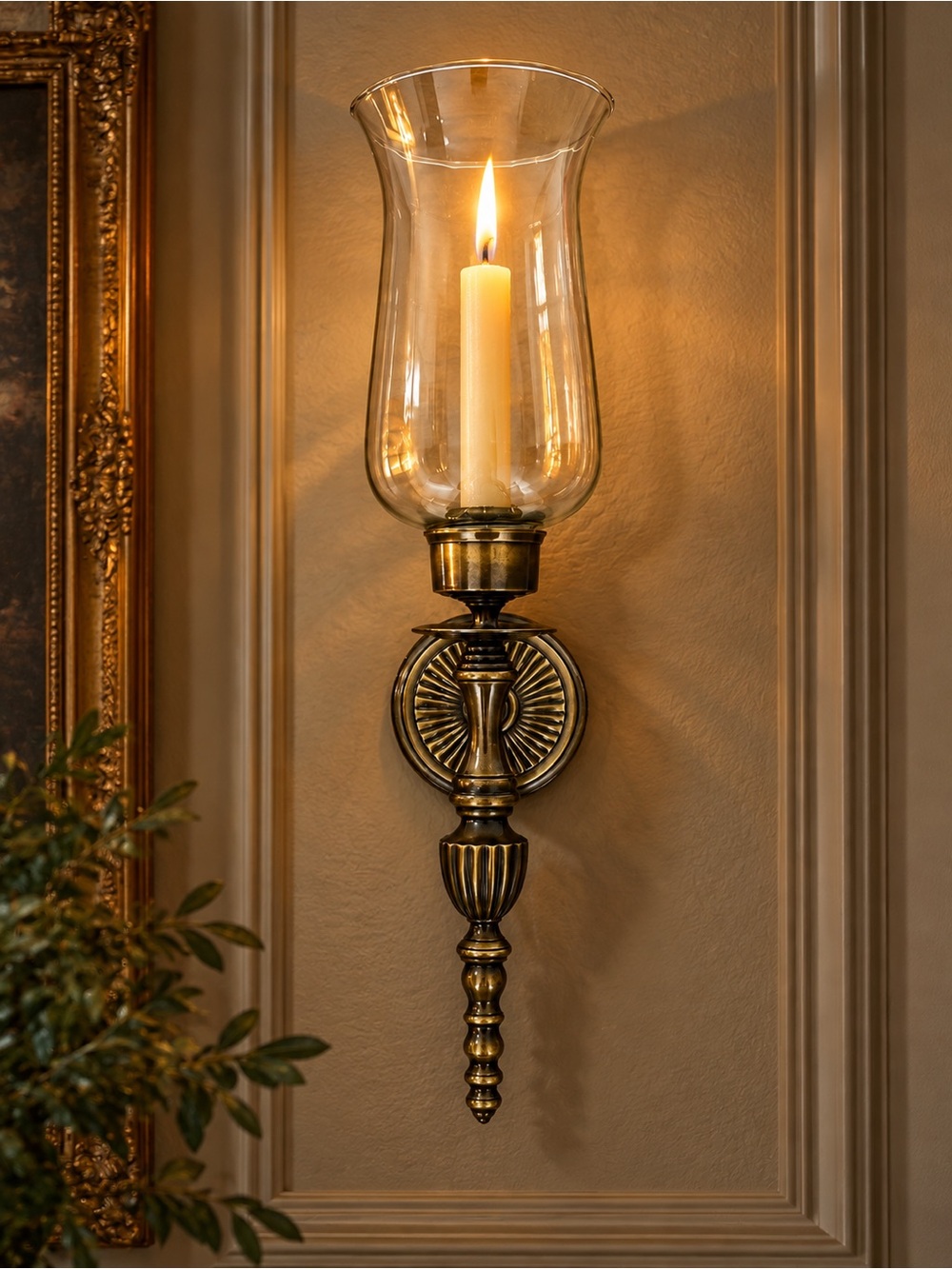 Vintage Hurricane Wall Sconce with Hand-Blown Glass – Antique Brass Finish
